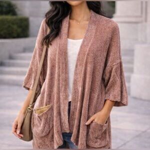 Anthropologie Moth Chenille Pink Lily Cardigan Oversized Soft Sweater Size XS